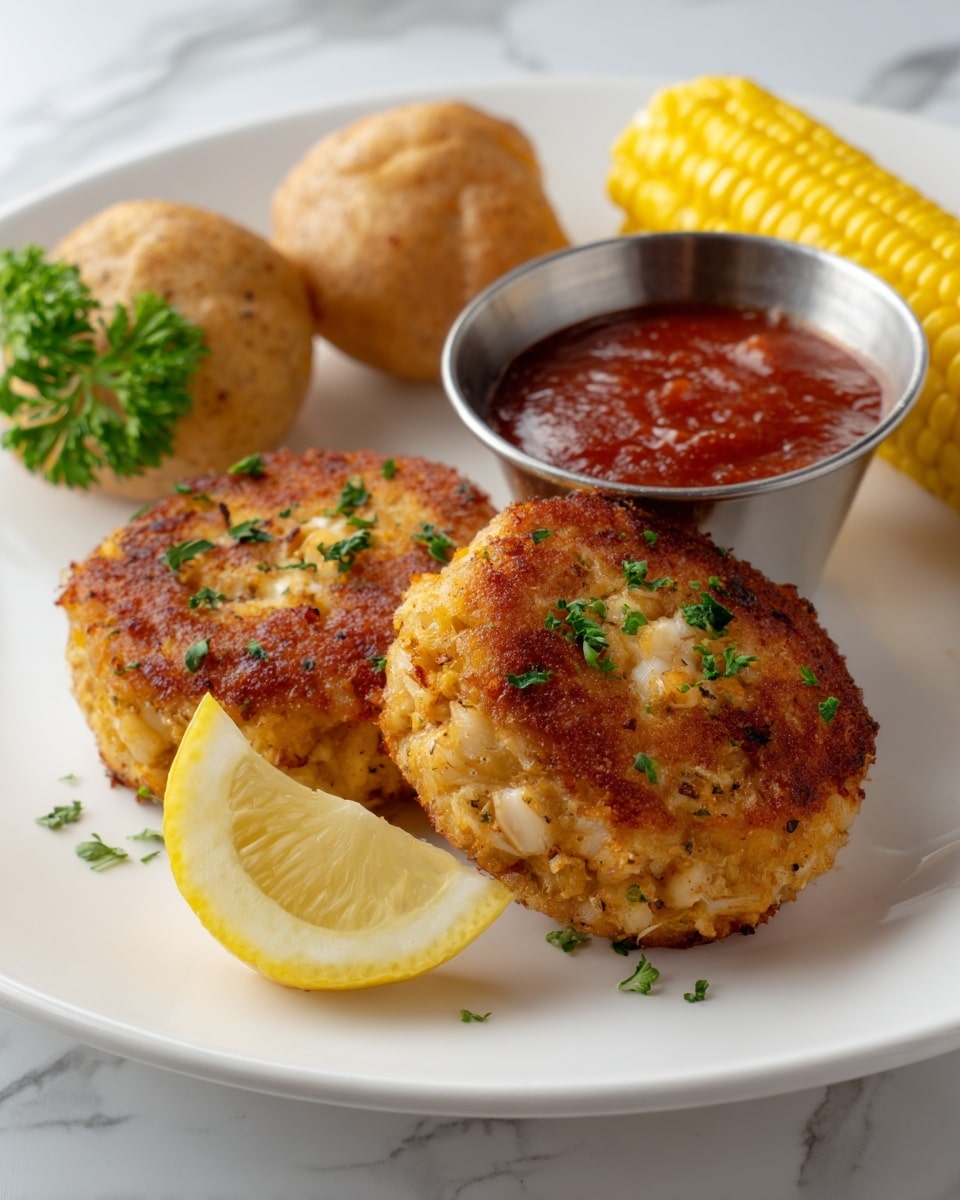 Two crab cakes sit on a white plate with a white marbled surface. Each cake has a golden brown crispy outside with bits of crab meat showing through. The top crab cake is garnished with green herbs and a small bright yellow lemon wedge. To the right, a small silver cup filled with red dipping sauce is visible. In the background, there are two golden brown hush puppies and a piece of corn on the cob partially seen on the lower right edge. The photo taken with an iphone --ar 4:5 --v 7