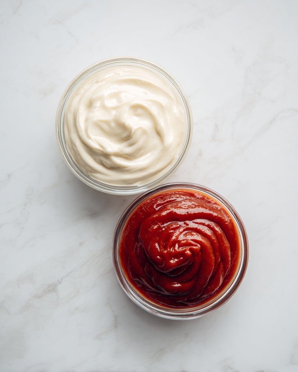 Two small clear glass bowls sit side by side on a white marbled surface. The bowl on the left is filled with creamy white sour cream that has a soft, smooth texture with gentle swirls on top. The bowl on the right contains deep red sriracha sauce, which looks thick and glossy with a neatly swirled peak in the center. photo taken with an iphone --ar 4:5 --v 7